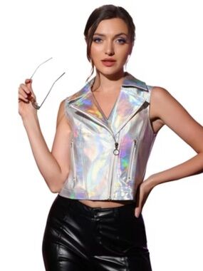 NEW!!! Iridescent Silver Holographic Moto Vest by Allegra Size XS